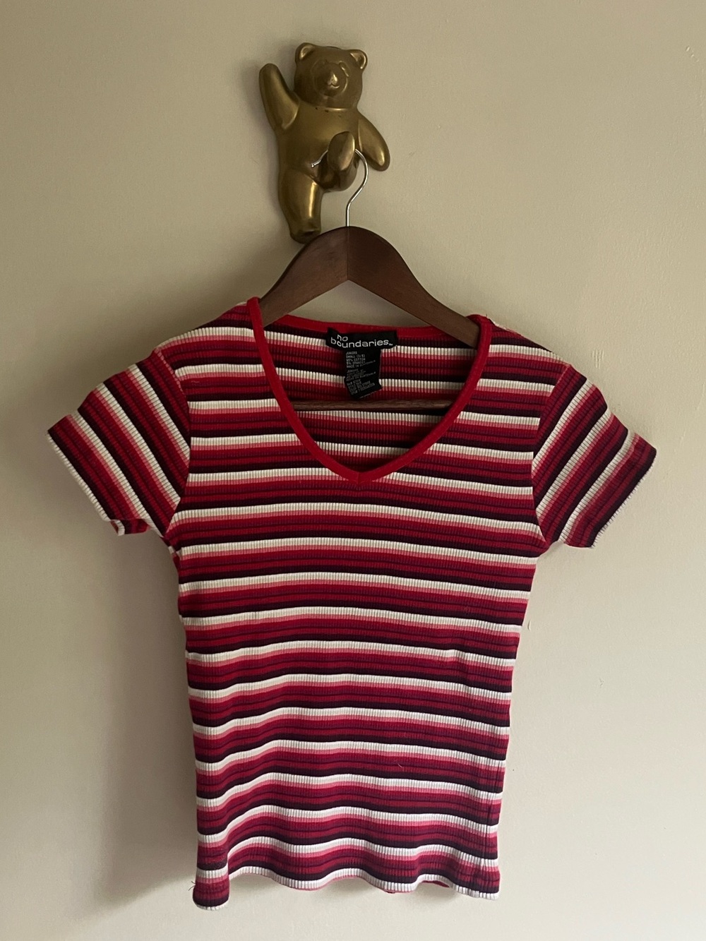 Vintage No Boundaries Red, Pink & White Striped Cotton Ribbed V-Neck Tee